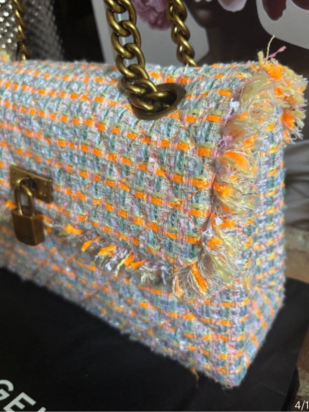 Kurt Geiger Brixton Tweed Orange multi color Chain Shoulder Bag NWT - Picture 7 of 8